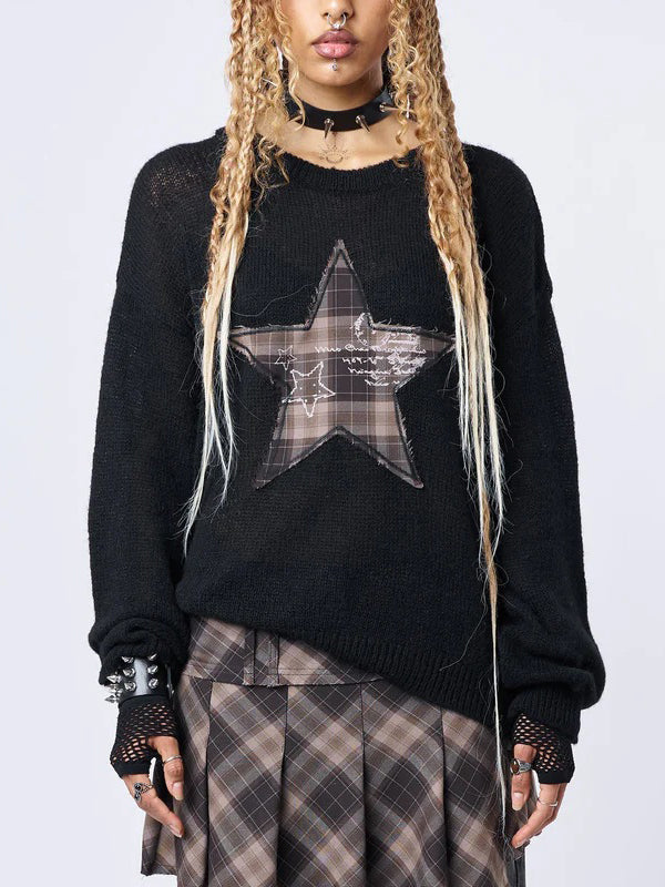 Round Neck Star Patchwork Sweatshirt -- YKIIY  CLOTHING