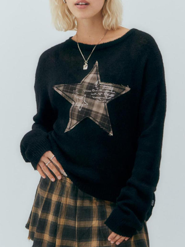 Round Neck Star Patchwork Sweatshirt -- YKIIY  CLOTHING