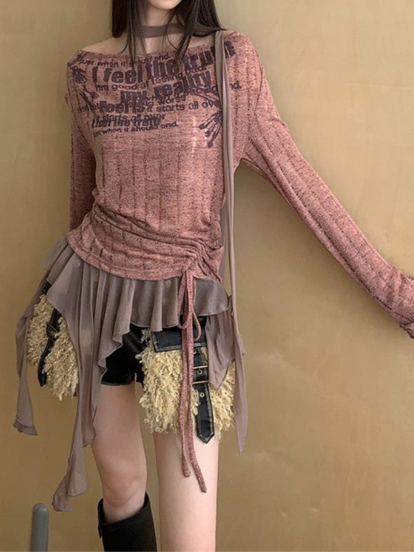 Ruffled English Graffiti Print Knit Top -- YKIIY  CLOTHING