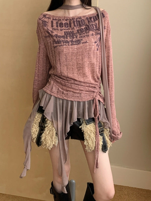 Ruffled English Graffiti Print Knit Top -- YKIIY  CLOTHING