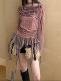 Ruffled English Graffiti Print Knit Top -- YKIIY  CLOTHING