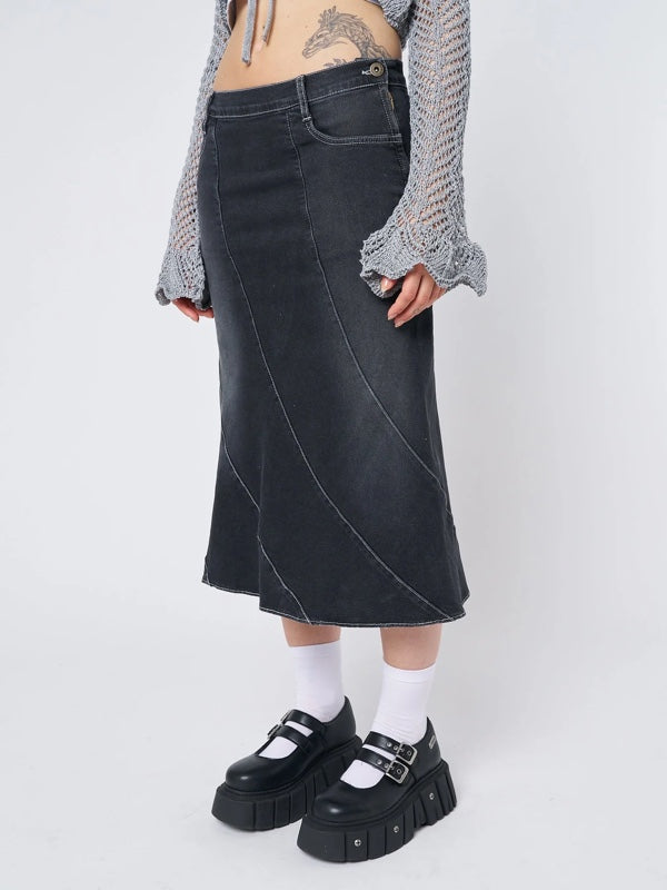 Side Zipper Bottom Flared Denim Skirt -- YKIIY  CLOTHING