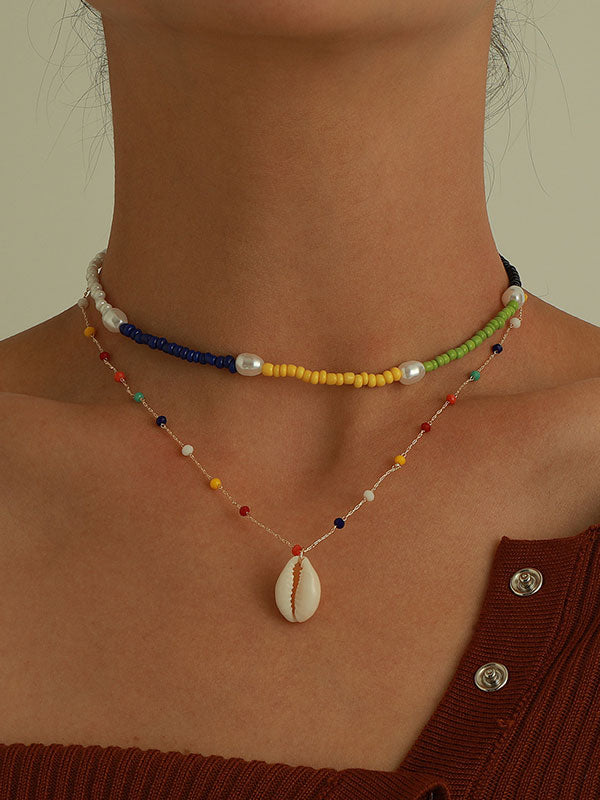 Simple Color Beads Shell Pendant Multilayer Necklace -- YKIIY  CLOTHING