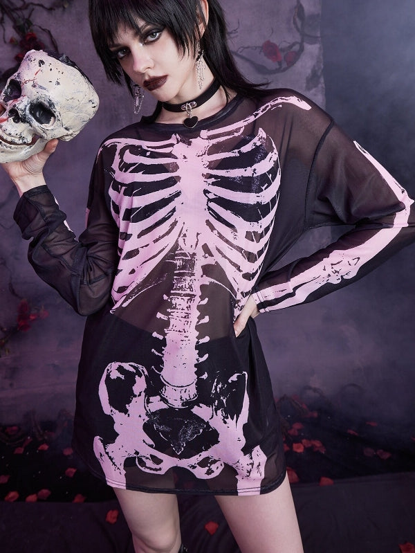 Skull Printed Gothic Mesh Long-sleeve T-shirt -- YKIIY  CLOTHING