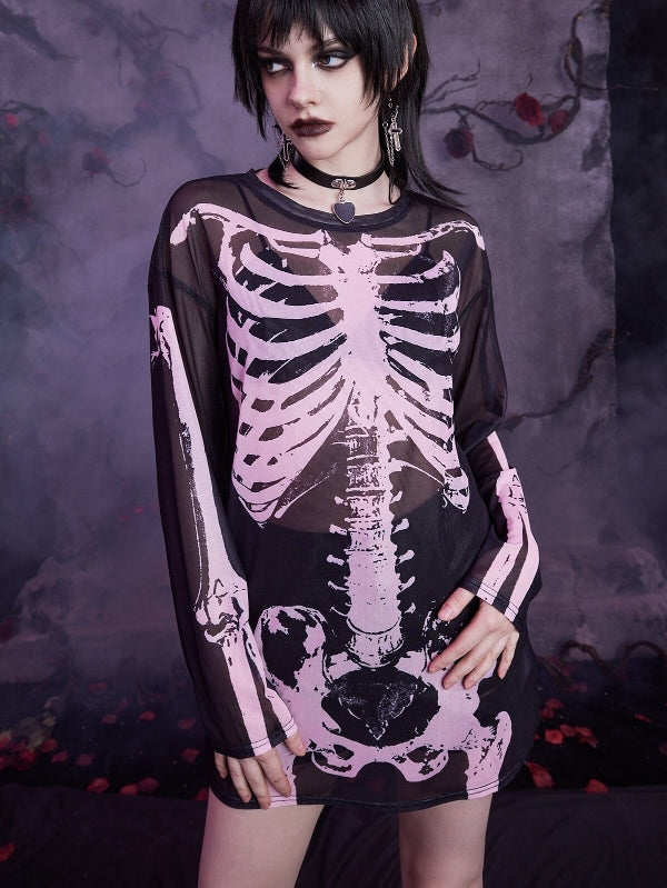 Skull Printed Gothic Mesh Long-sleeve T-shirt -- YKIIY  CLOTHING