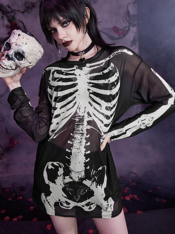 Skull Printed Gothic Mesh Long-sleeve T-shirt -- YKIIY  CLOTHING