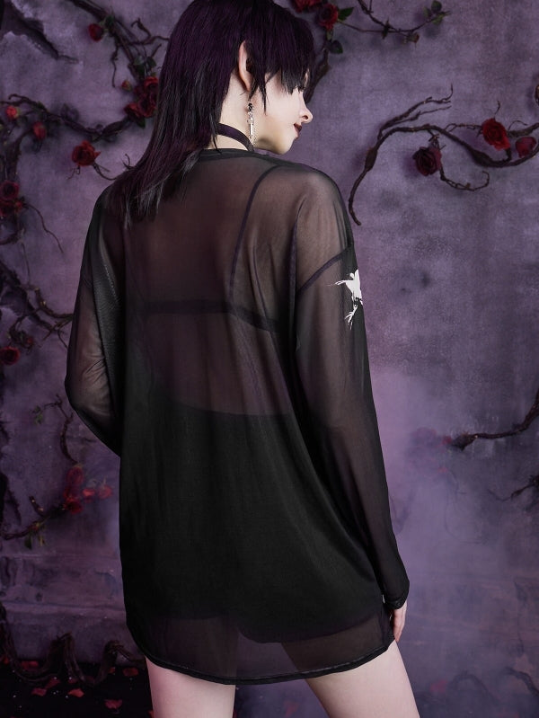 Skull Printed Gothic Mesh Long-sleeve T-shirt -- YKIIY  CLOTHING