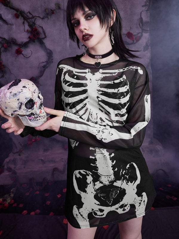 Skull Printed Gothic Mesh Long-sleeve T-shirt -- YKIIY  CLOTHING