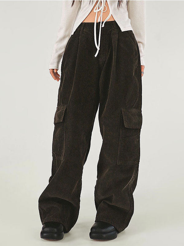 Solid Button Flap Pocket Cargo Pants -- YKIIY  CLOTHING