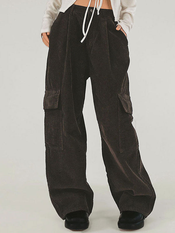 Solid Button Flap Pocket Cargo Pants -- YKIIY  CLOTHING