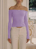 Solid Off Shoulder Bow Slim T-Shirt -- YKIIY  CLOTHING