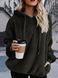 Solid Rib Knit Cuffs Drawstring Hoodie -- YKIIY  CLOTHING