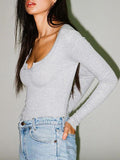 Solid U Collar Slim Long Sleeve T-Shirt -- YKIIY  CLOTHING