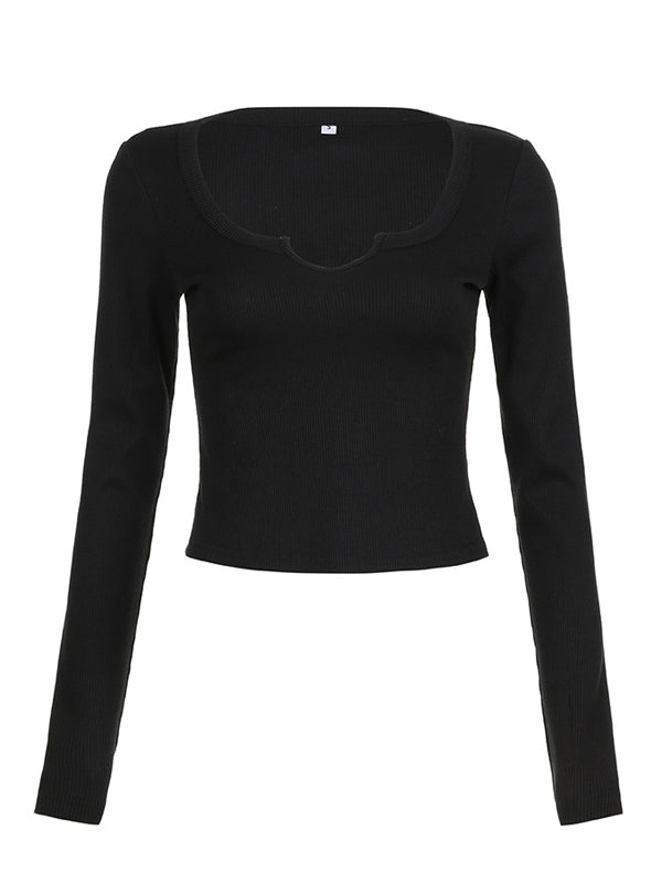 Solid U Collar Slim Long Sleeve T-Shirt -- YKIIY  CLOTHING