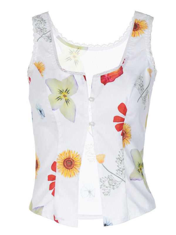 Square Neck Button Floral Print Vest -- YKIIY  CLOTHING