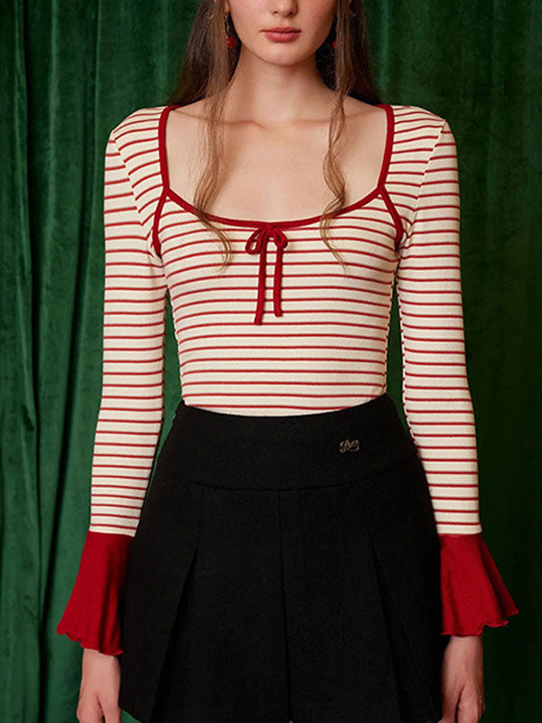 Square Neck Striped Bell Sleeve T-Shirt -- YKIIY  CLOTHING