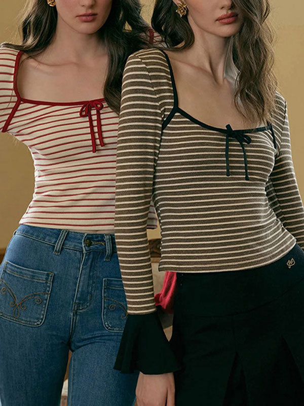 Square Neck Striped Bell Sleeve T-Shirt -- YKIIY  CLOTHING