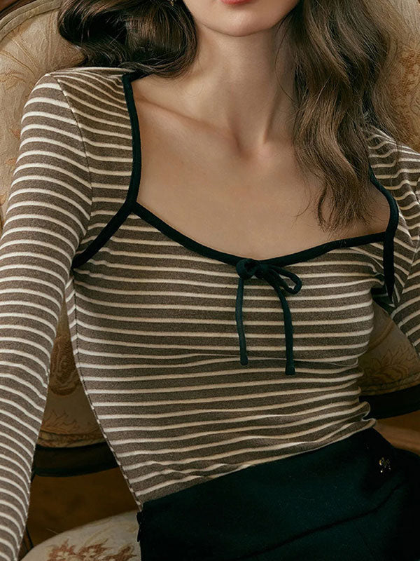 Square Neck Striped Bell Sleeve T-Shirt -- YKIIY  CLOTHING