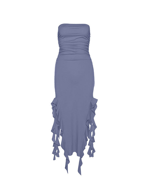 Strapless Irregular Ruffles Bandeau Plain Maxi Dress -- YKIIY  CLOTHING