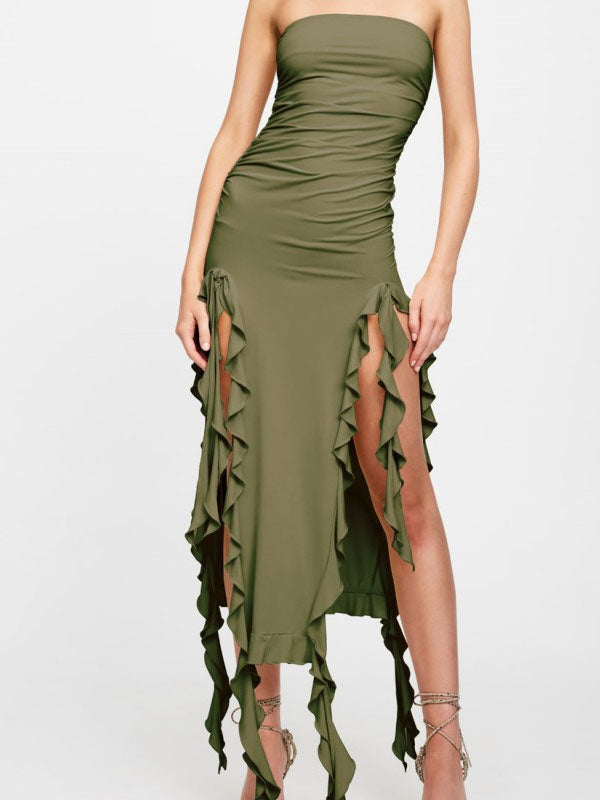 Strapless Irregular Ruffles Bandeau Plain Maxi Dress -- YKIIY  CLOTHING