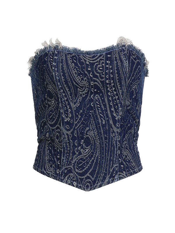 Strapless Jacquard Zipper Denim Corset Top -- YKIIY  CLOTHING