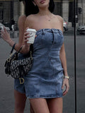 Strapless Solid Zipper Denim Bodycon Mini Dress -- YKIIY  CLOTHING