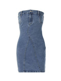 Strapless Solid Zipper Denim Bodycon Mini Dress -- YKIIY  CLOTHING