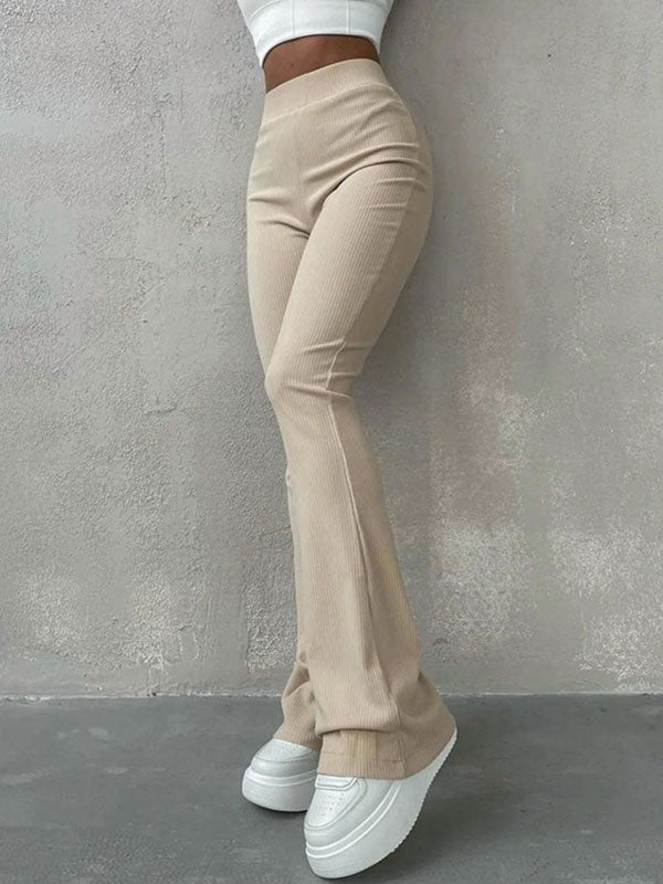 Street Flared Elastic Waist Solid Pants -- YKIIY  CLOTHING