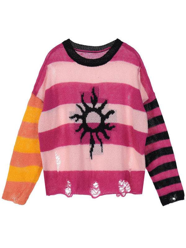 Striped Patchwork Round Neck Sweaters -- YKIIY  CLOTHING