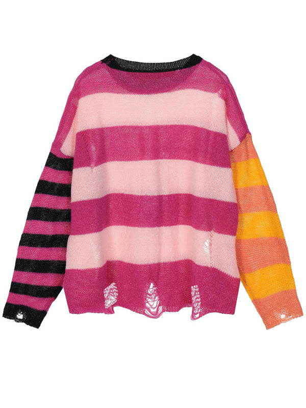 Striped Patchwork Round Neck Sweaters -- YKIIY  CLOTHING