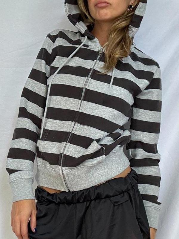 Striped sweatshirt hooded drawstring zipper cardigan -- YKIIY  CLOTHING