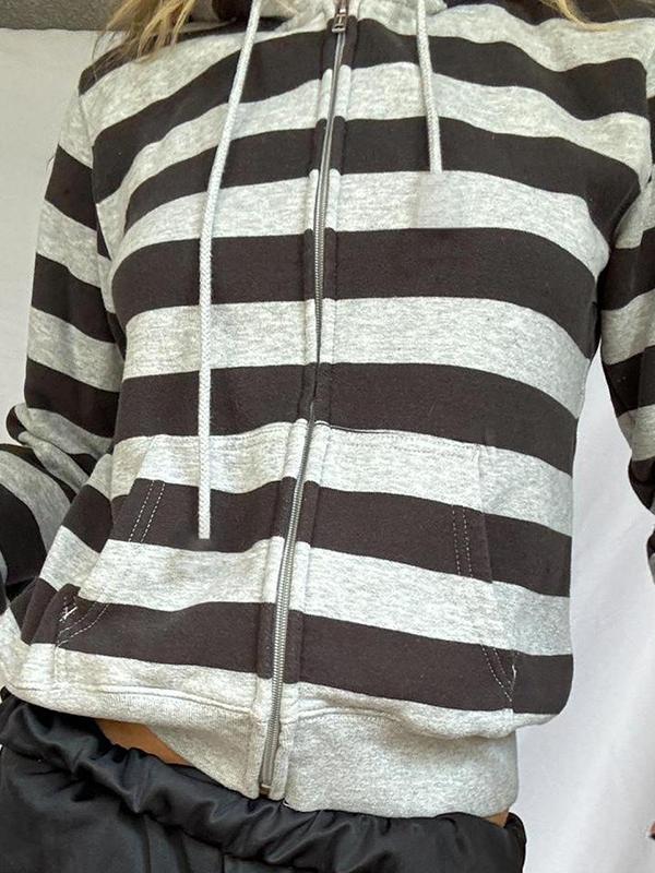 Striped sweatshirt hooded drawstring zipper cardigan -- YKIIY  CLOTHING