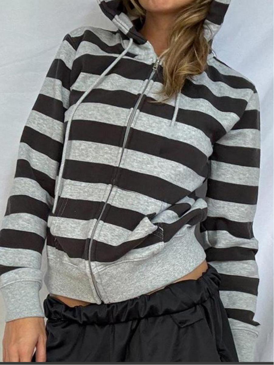 Striped sweatshirt hooded drawstring zipper cardigan -- YKIIY  CLOTHING