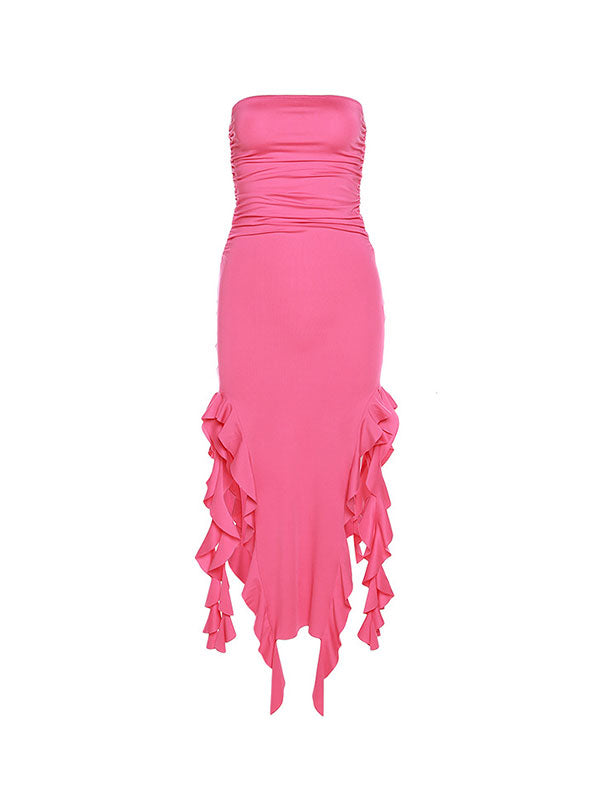 Sweet Strapless Irregular Ruffles Bandeau Plain Maxi Dress -- YKIIY  CLOTHING