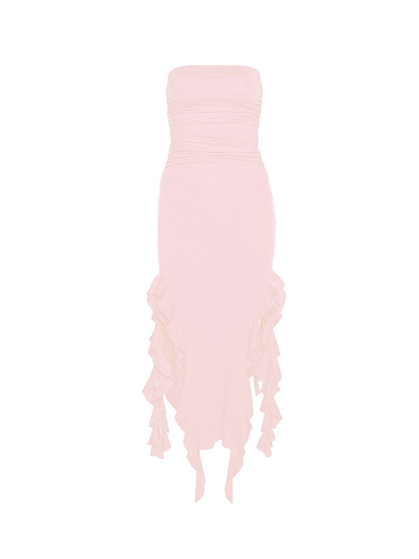 Sweet Strapless Irregular Ruffles Bandeau Plain Maxi Dress -- YKIIY  CLOTHING