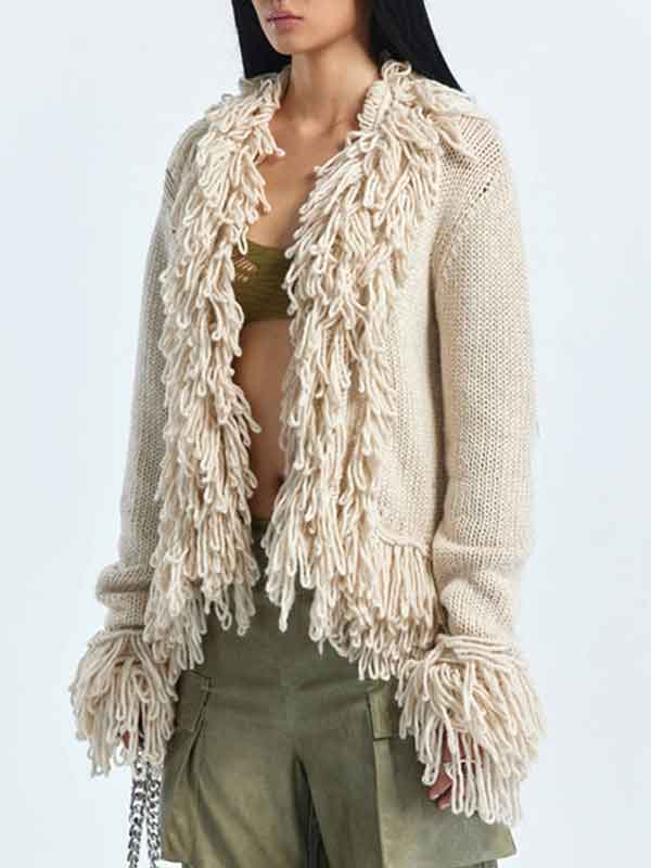 Tassel Snap Front Patchwork Solid Cardigan -- YKIIY  CLOTHING