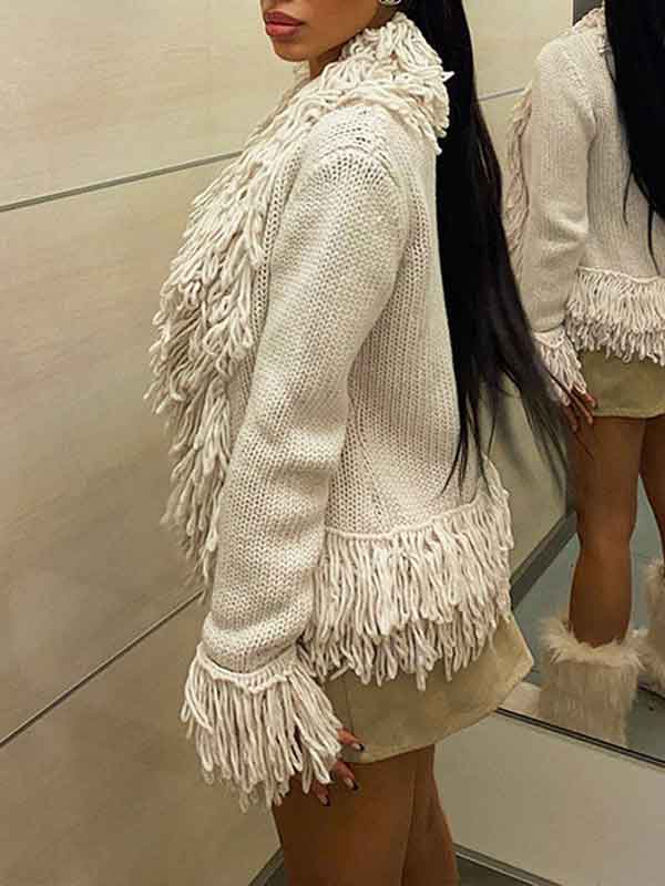 Tassel Snap Front Patchwork Solid Cardigan -- YKIIY  CLOTHING