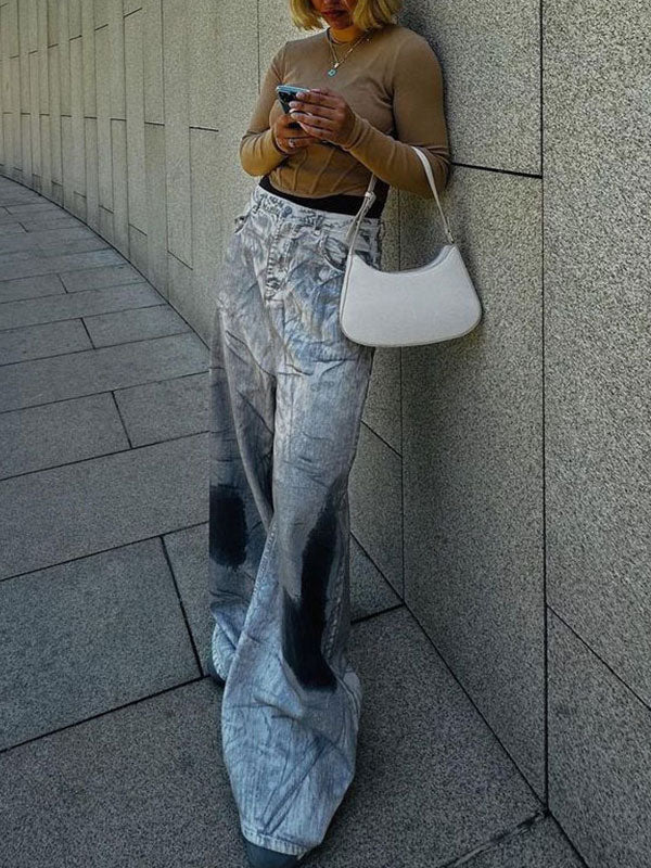 Tie Dye Gradient Wide Leg Washed Jeans -- YKIIY  CLOTHING