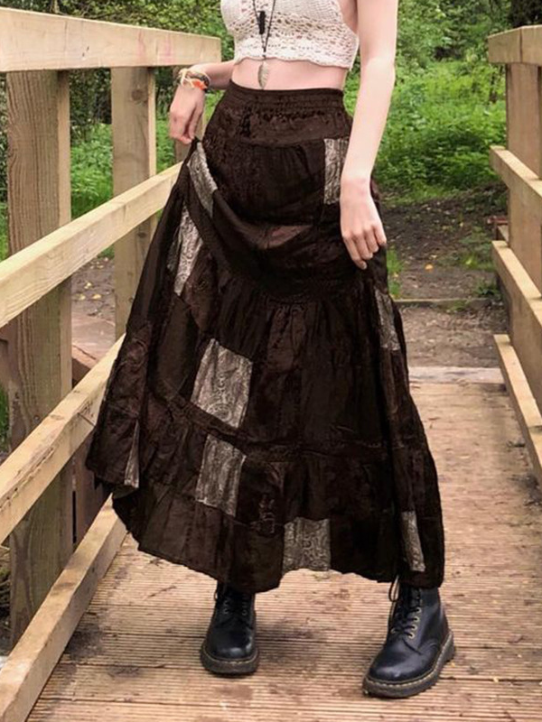 Totem Printed Vintage Velvet Midi Skirt -- YKIIY  CLOTHING