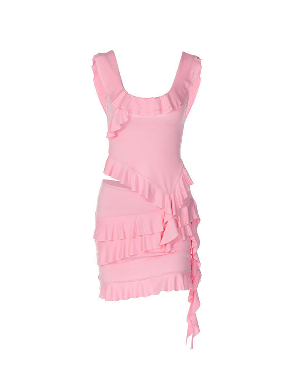 U Neck Ruffled Top And Skirt Set -- YKIIY  CLOTHING