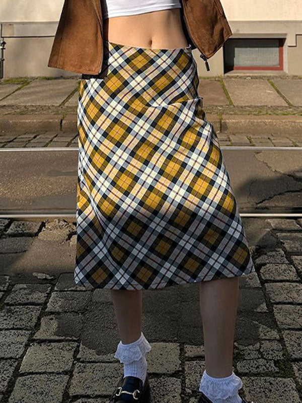 Vintage Gingham Zipper Midi Skirt -- YKIIY  CLOTHING