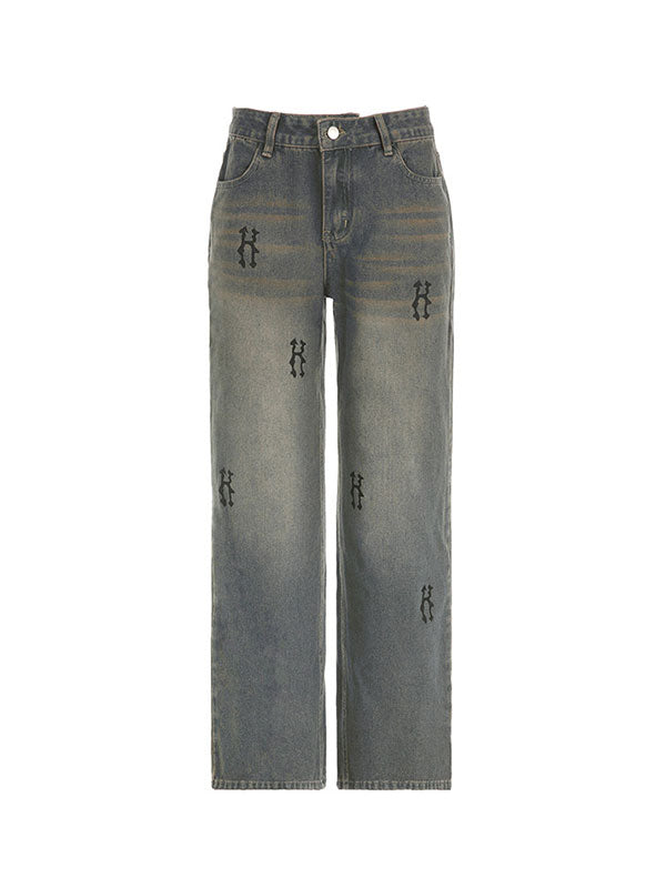 Vintage Letter Print Distressed Jeans -- YKIIY  CLOTHING