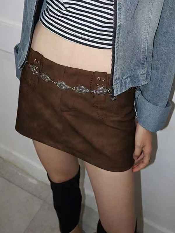 Vintage PU Zipper Brown Bodycon Skirt -- YKIIY  CLOTHING