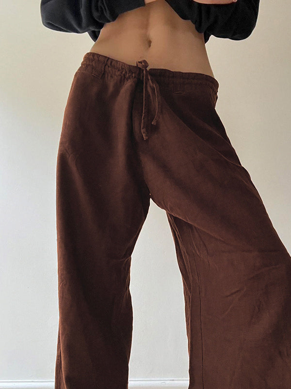 Vintage Plain Elastic Waist Drawstring Pants -- YKIIY  CLOTHING