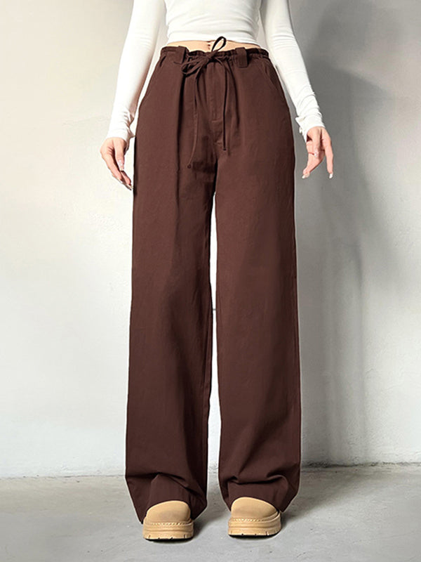 Vintage Plain Elastic Waist Drawstring Pants -- YKIIY  CLOTHING