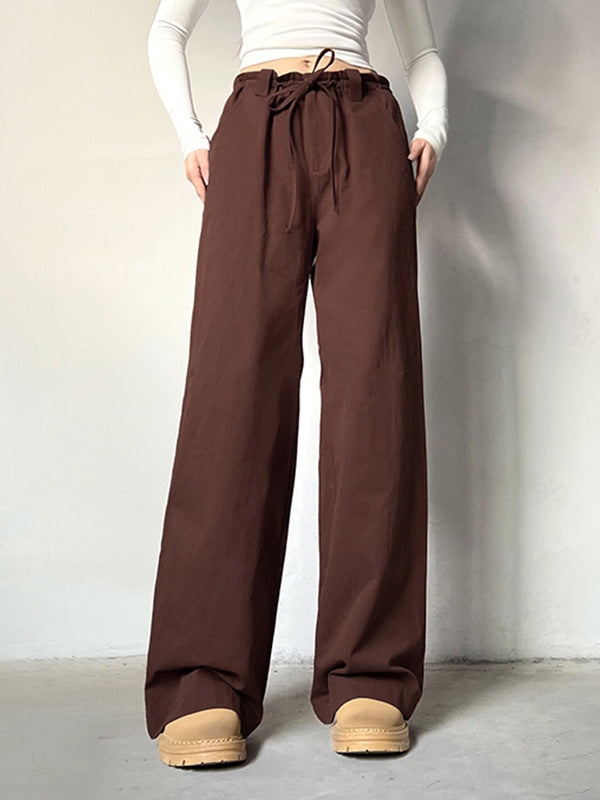 Vintage Plain Elastic Waist Drawstring Pants -- YKIIY  CLOTHING