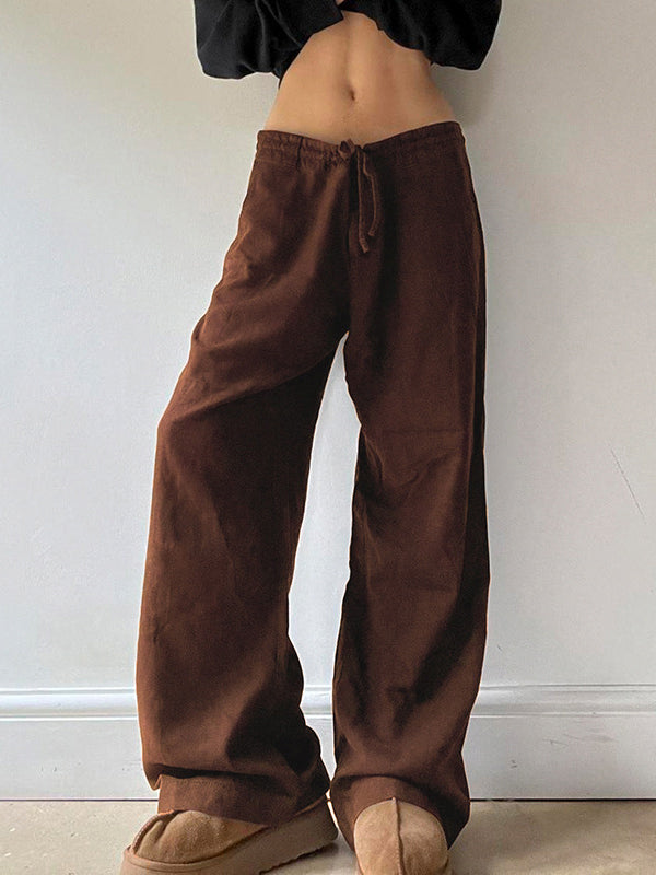 Vintage Plain Elastic Waist Drawstring Pants -- YKIIY  CLOTHING