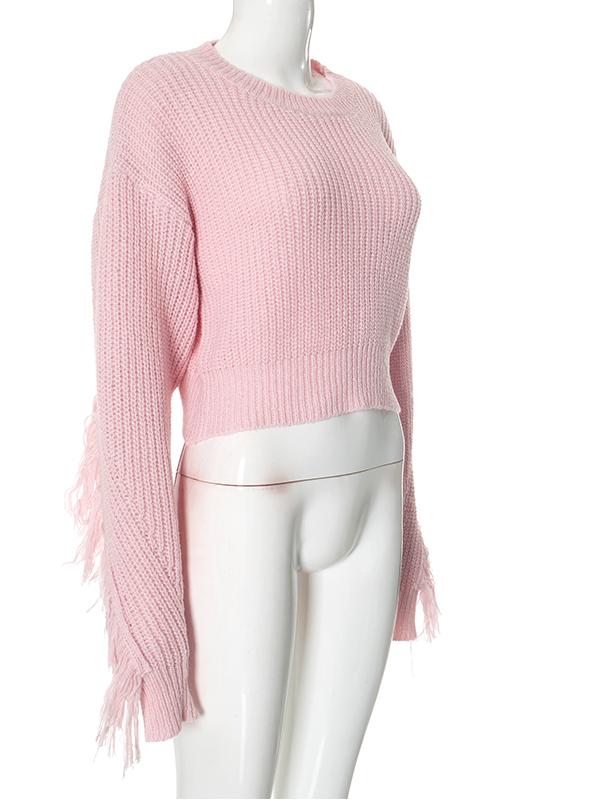 Wool Solid Color Tassel Cropped Sweater -- YKIIY  CLOTHING