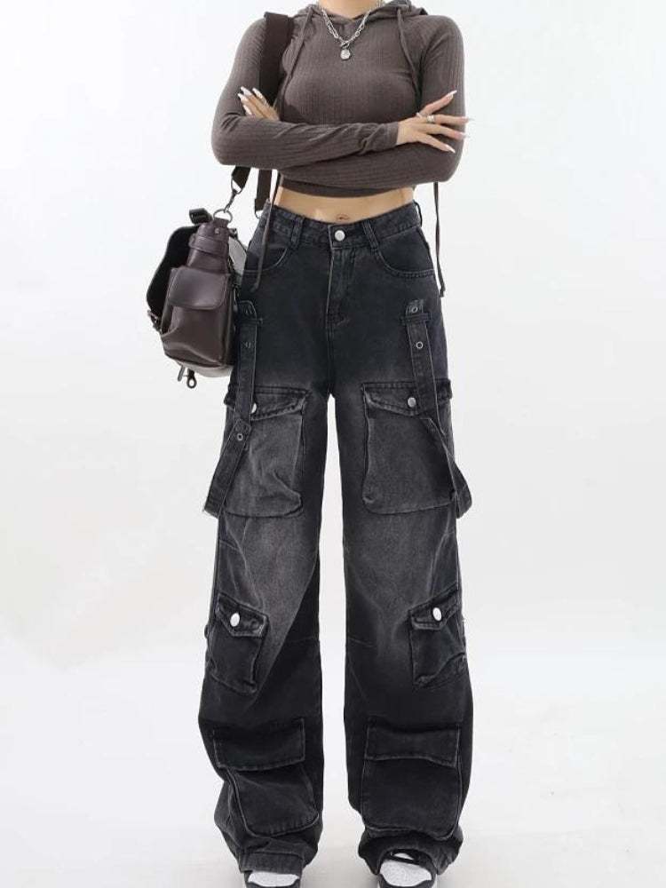 Y2K Belted Dark Wash Cargo Jeans -- YKIIY  CLOTHING