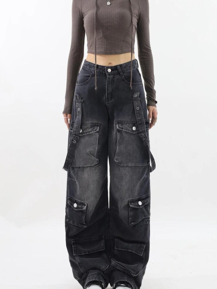 Y2K Belted Dark Wash Cargo Jeans -- YKIIY  CLOTHING